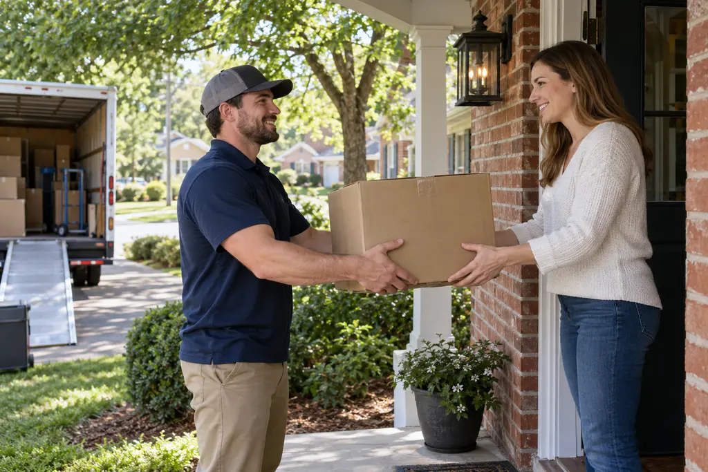 A mover handing a packed box to a homeowner on a Nashville porch.